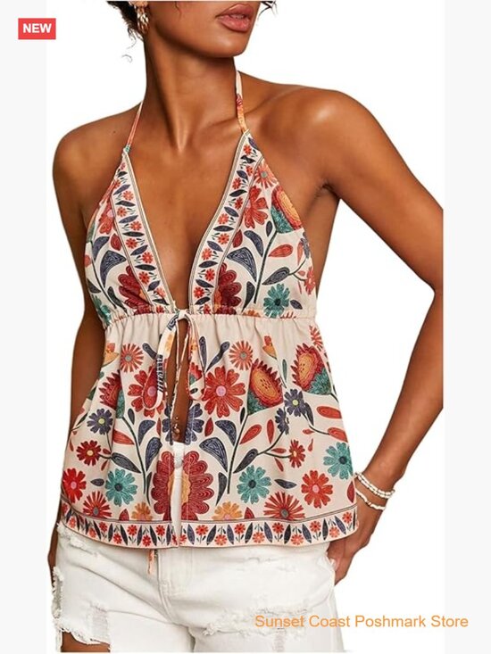 Tops - Tropical Halter Tank Top Tie Backless Boho Camisole Crop Top